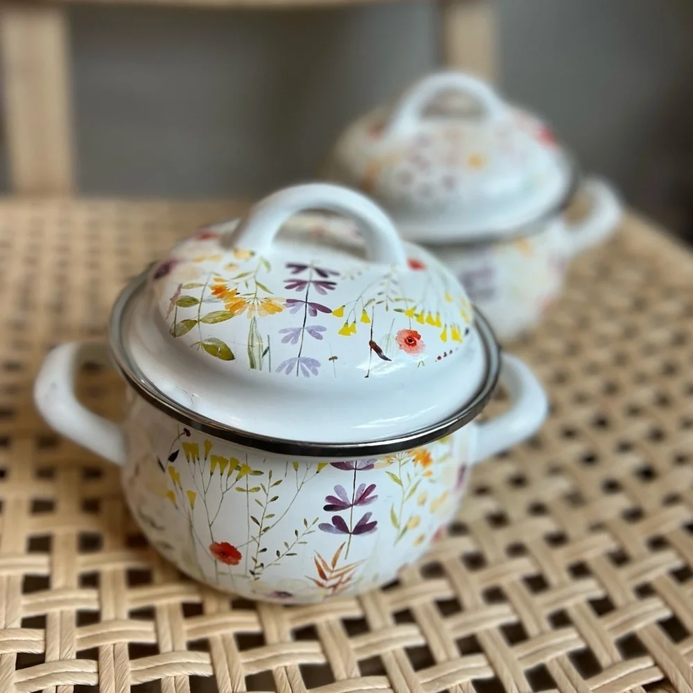 Set of 2 Crofton Enamel Floral Mini Pots – 1 Qt Each, Vintage-Inspired Aldi